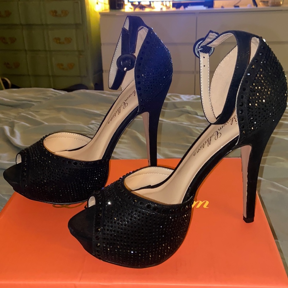 Black Rhinestone Platform Heels